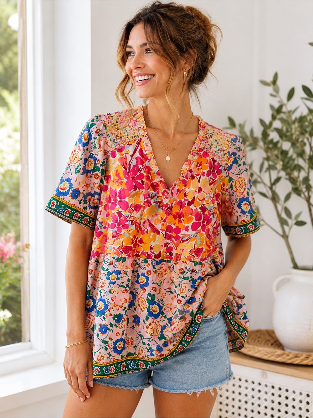 Umgee Multicolor Floral V-Neck Smocked Peplum Blouse - Picture 2 of 4